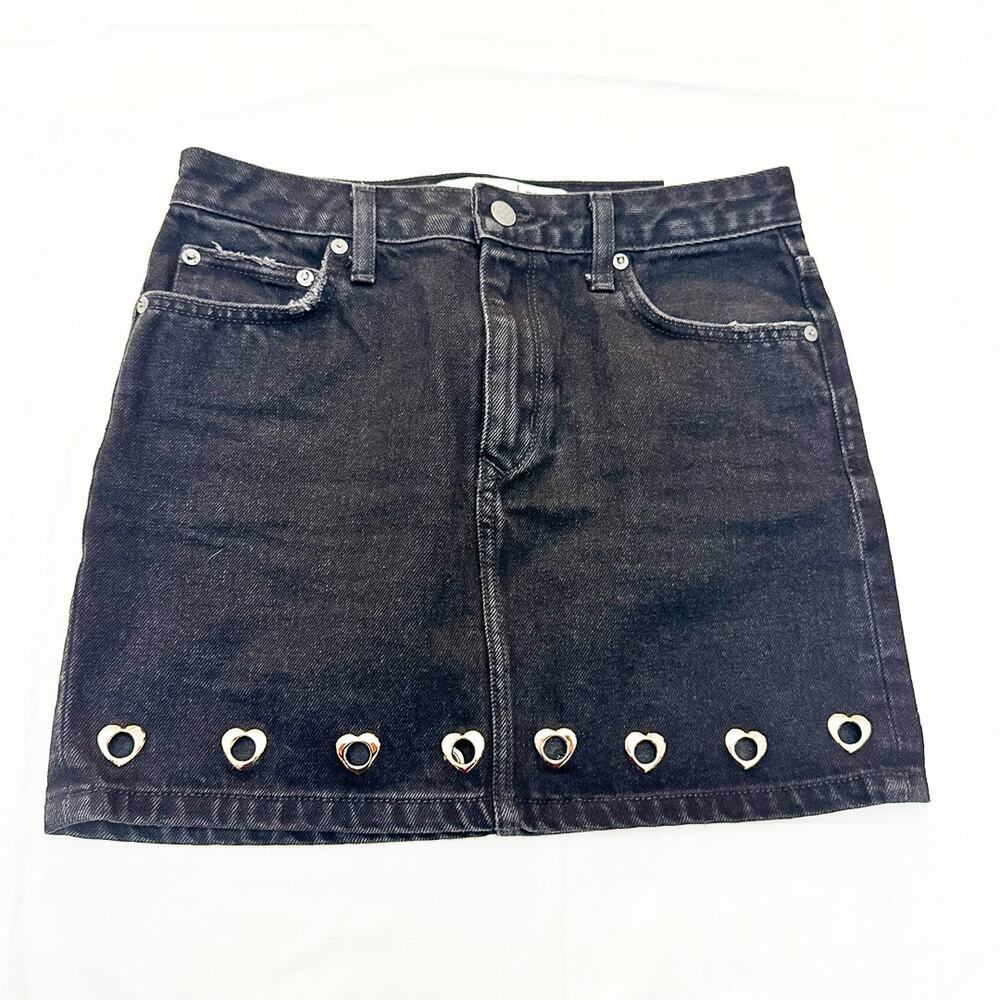 Lovers & Friends Black Denim Heart Eyelet Hem Mini Skirt Size 28
